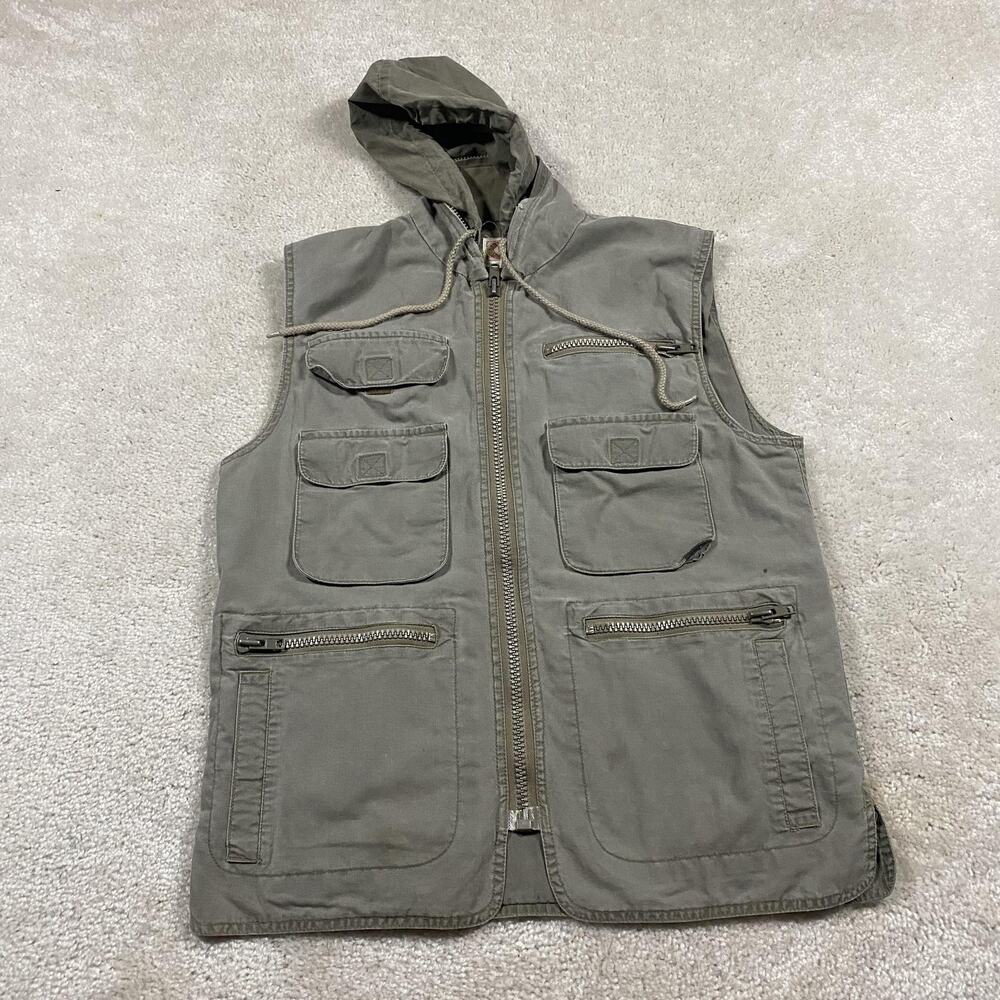 VTG Banana Republic Vest Mens S Green Hooded‎ Canvas Utility Travel Outdoor 80s